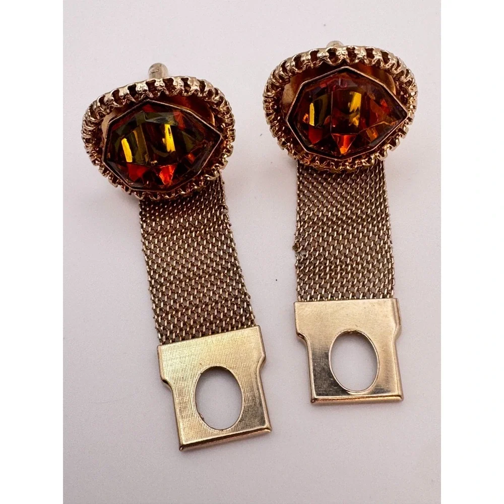 Vintage Mesh Cufflinks Orange and Green Faceted Shield MCM Gold Tone Wrap